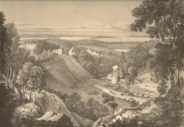 St. Bernhard's well with the Island of Inchkeith in the distance. Drawn by T. M. Baynes (1822)